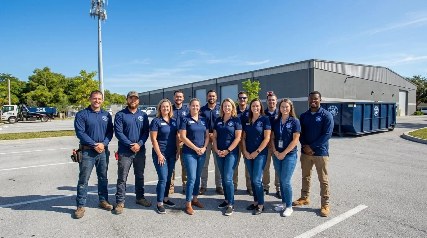 TCS Dumpster Rental office and field team posed together outside the company building in Stuart, FL
