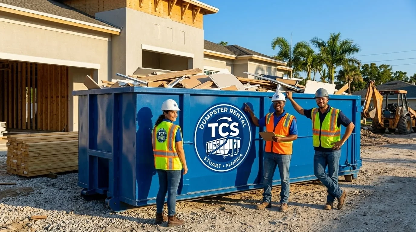 TCS Dumpster Rental crew in hard hats and vests at a framed new-construction site in the Stuart, FL area TCS Dumpster Rental crew in hard hats and vests at a framed new-construction site in the Stuart, FL area