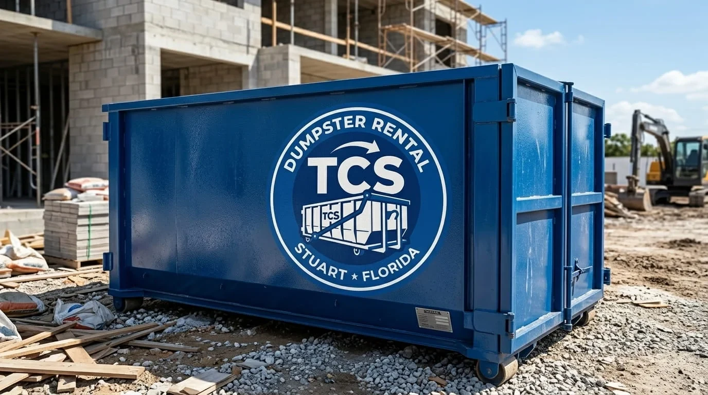Roll-off dumpster full of construction debris at a mid-build home in the Stuart, FL area, scaffolding visible Roll-off dumpster full of construction debris at a mid-build home in the Stuart, FL area, scaffolding visible
