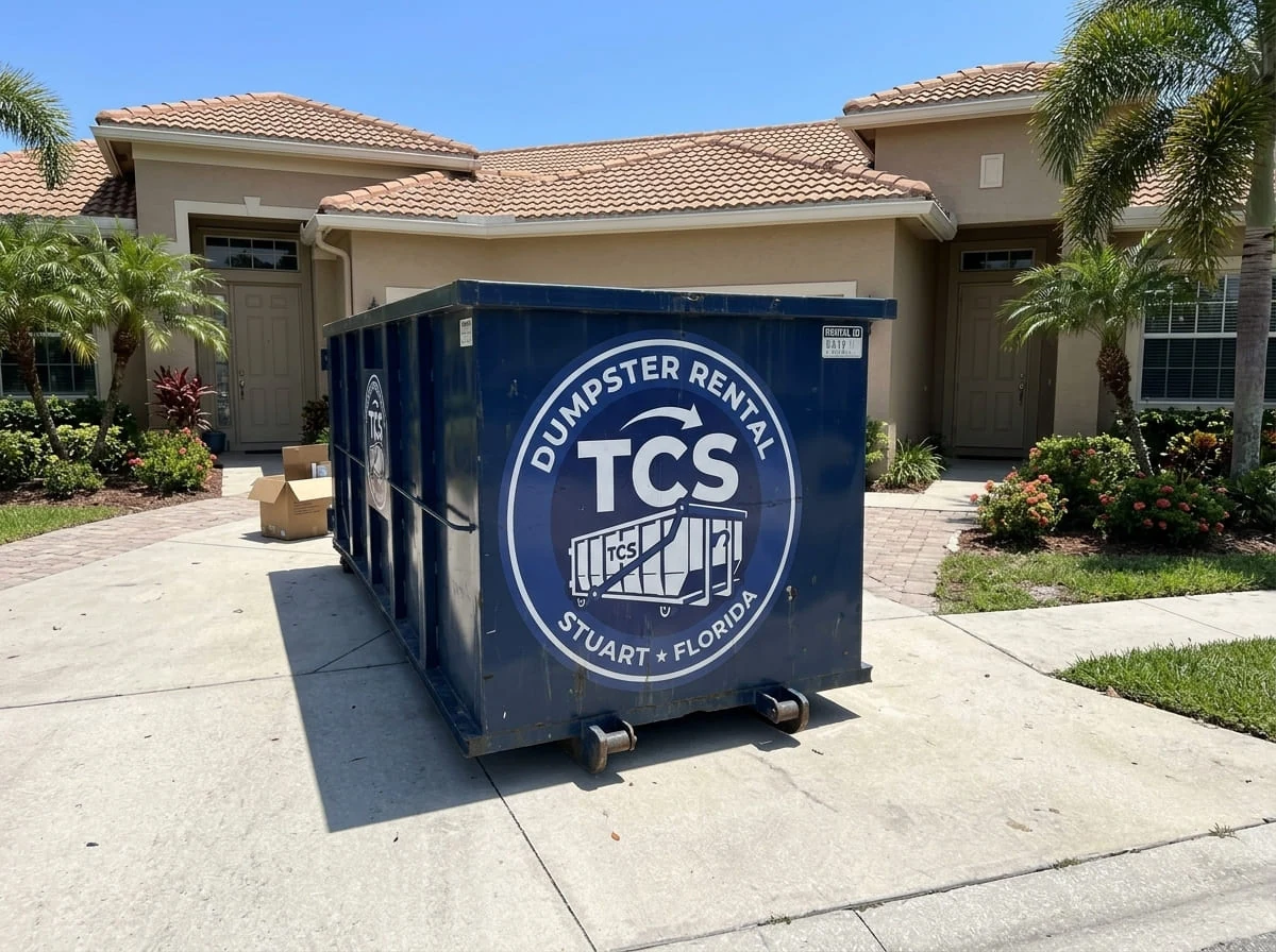 A roll-off container staged and ready for delivery for TCS Dumpster Rental in Stuart, FL A roll-off container staged and ready for delivery for TCS Dumpster Rental in Stuart, FL