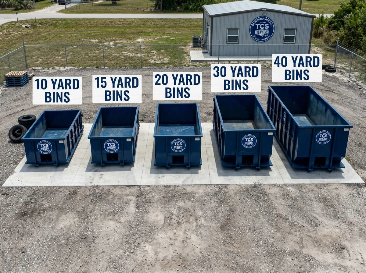The full lineup of 10, 15, 20, 30 and 40 yard roll-off dumpsters available from TCS Dumpster Rental in Stuart, FL The full lineup of 10, 15, 20, 30 and 40 yard roll-off dumpsters available from TCS Dumpster Rental in Stuart, FL