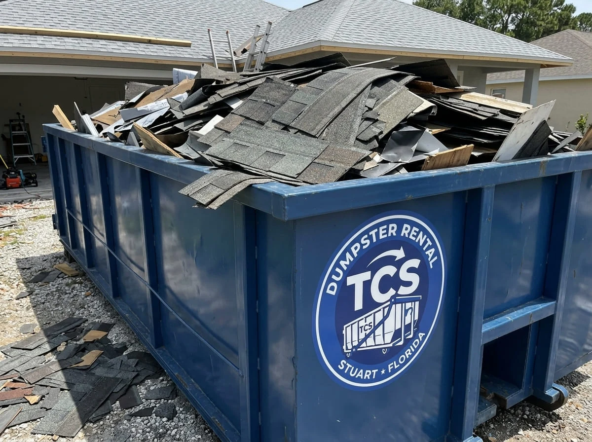 Dumpster loaded with roofing tear-off debris for proper disposal in Stuart, FL