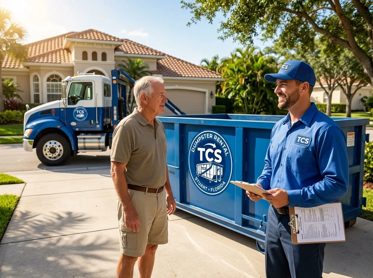 TCS Dumpster Rental driver reviewing a delivery with a homeowner in Stuart, FL