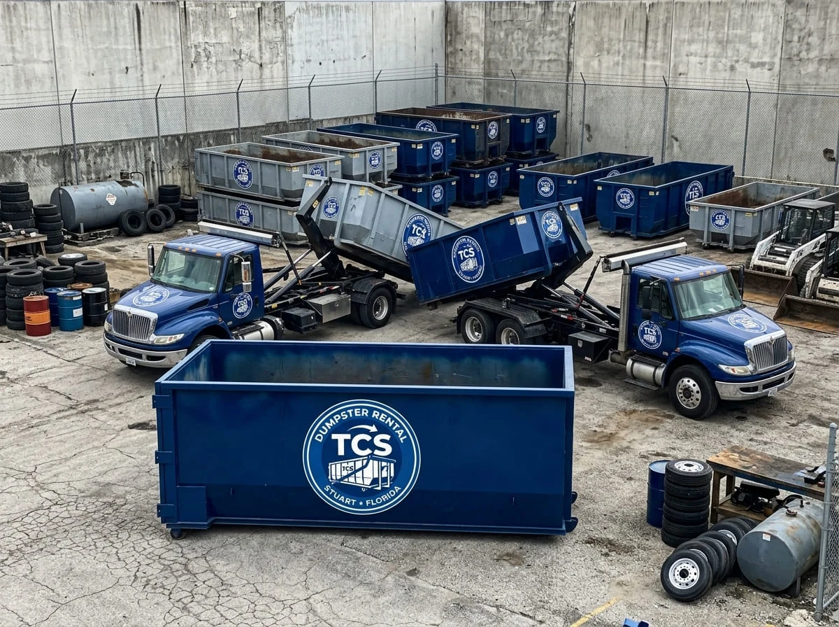 Licensed and insured dumpster rental Licensed and insured TCS Dumpster Rental roll-off trucks staged in Stuart, FL