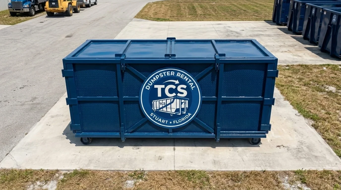 A clean, newer dumpster staged on a concrete pad with trucks and a loader in the yard, Stuart, FL A clean, newer dumpster staged on a concrete pad with trucks and a loader in the yard, Stuart, FL