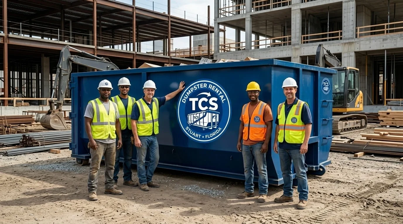 TCS Dumpster Rental crew in hard hats at a structural steel job site near Stuart, FL TCS Dumpster Rental crew in hard hats at a structural steel job site near Stuart, FL
